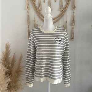 Target cream & grey striped sweatshirt embroidered “lazy” lounge wear crew M